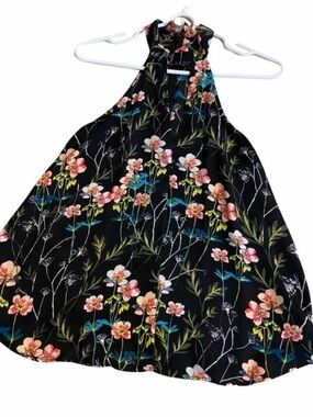 Express Floral Halter Top Keyhole Neck Black XS